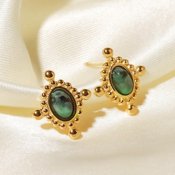Vintage Greenish Natural Stone Stud Earrings 18K Gold Plated Stainless‎ Steel - Picture 2 of 7